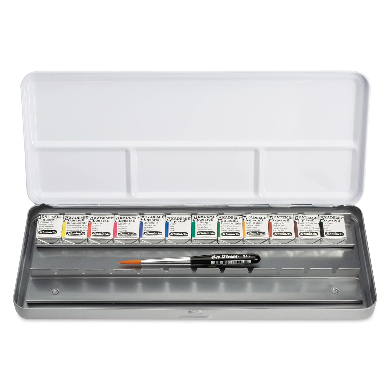 Schmincke Akademie Aquarell Watercolor Pans - Set of 12 with Brush, Metal Case, Assorted Colors, Half Pans